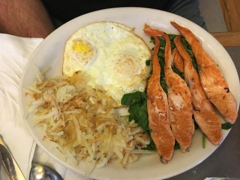 Salmon, eggs, and hash browns.