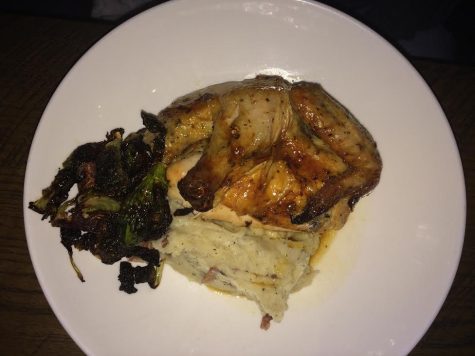 The Free Bird Rotisserie Half Chicken with carmelized brussel sprouts and whipped potatoes.