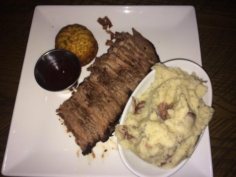 The 18 Hour Certified Angus Beef Brisket comes with whipped potatoes, jalapeño cornbread and steak sauce.